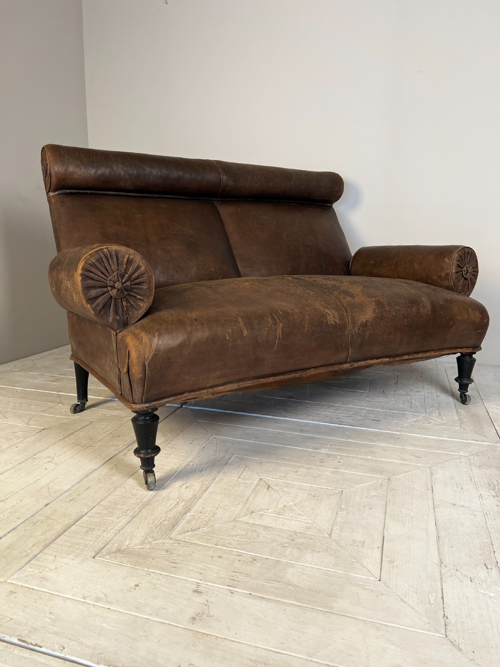 Antique C19th Leather Rake Back Two Seater Sofa