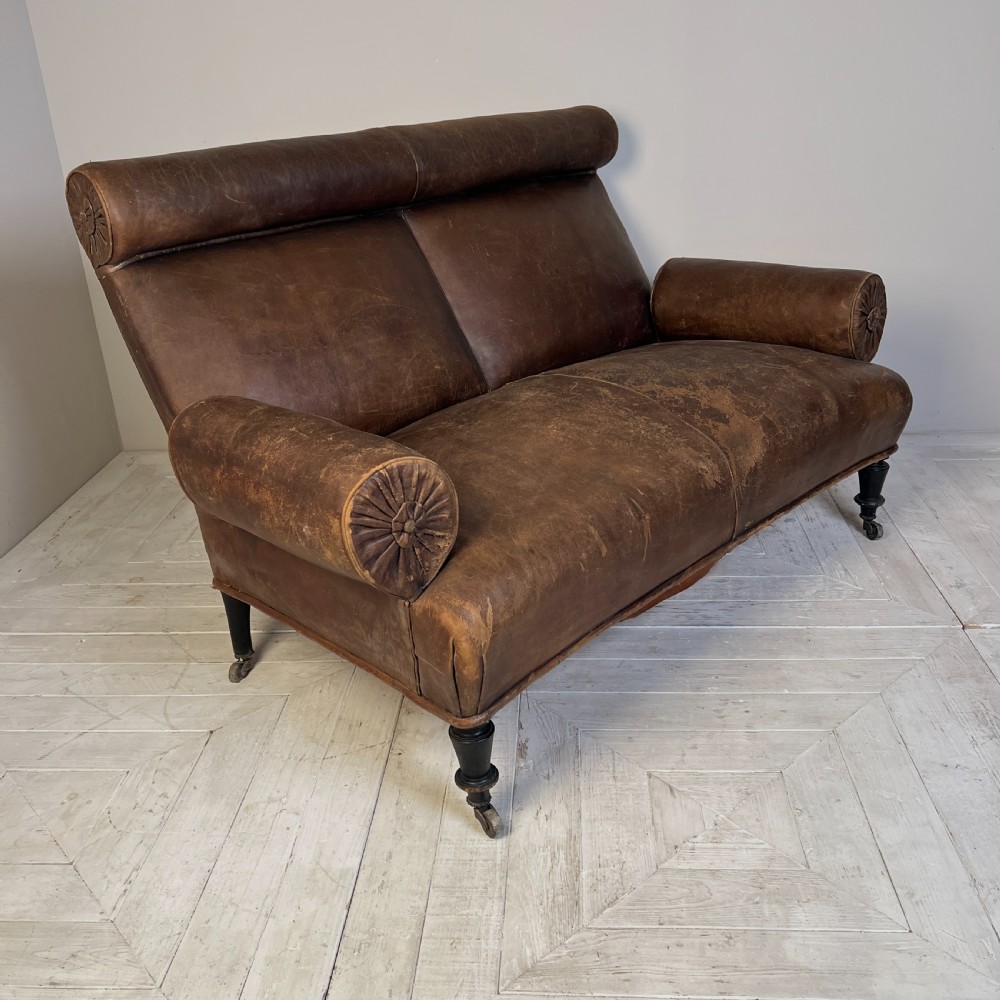 Antique C19th Leather Rake Back Two Seater Sofa View II