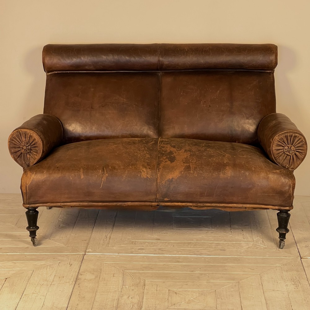 Antique C19th Leather Rake Back Two Seater Sofa View IV