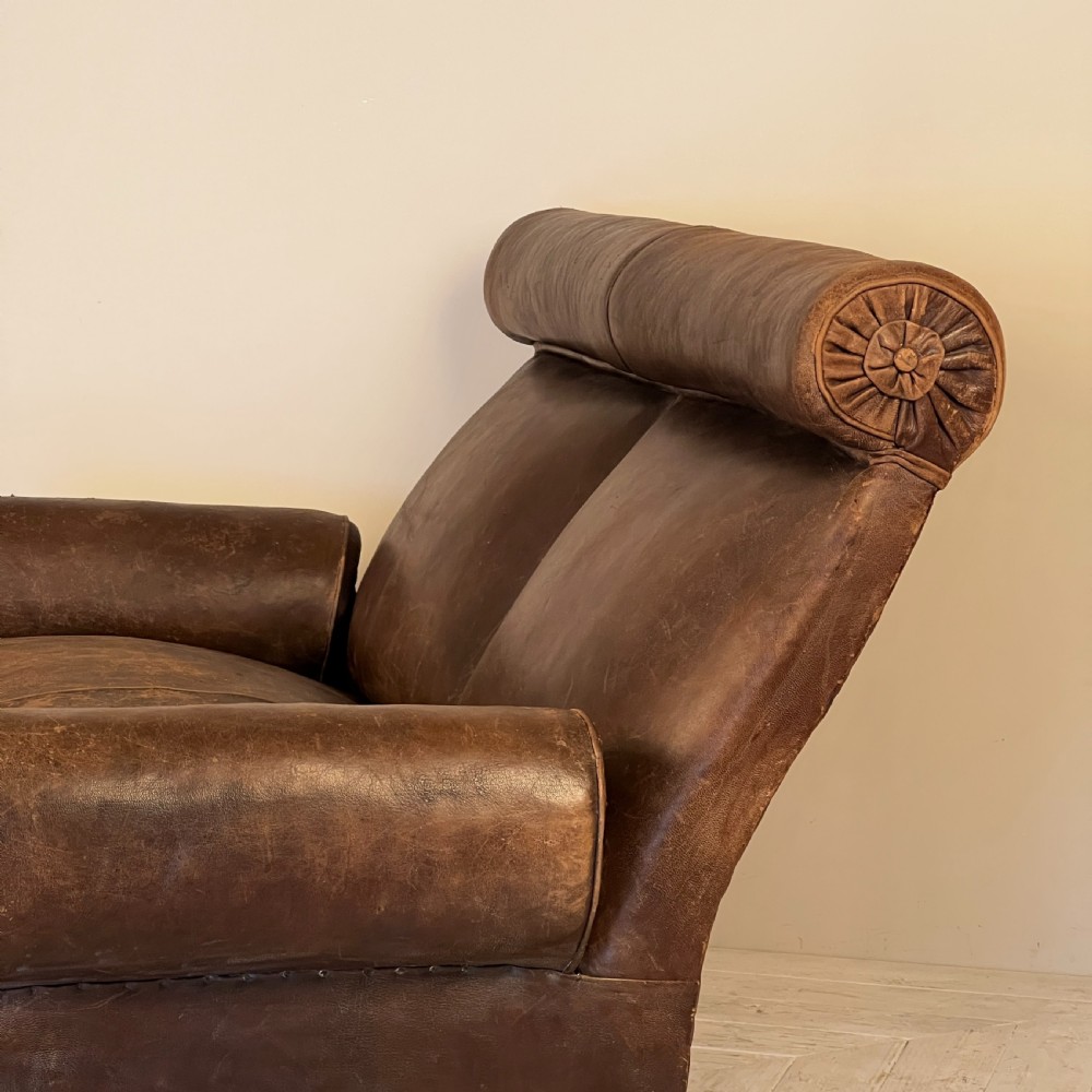 Antique C19th Leather Rake Back Two Seater Sofa View V