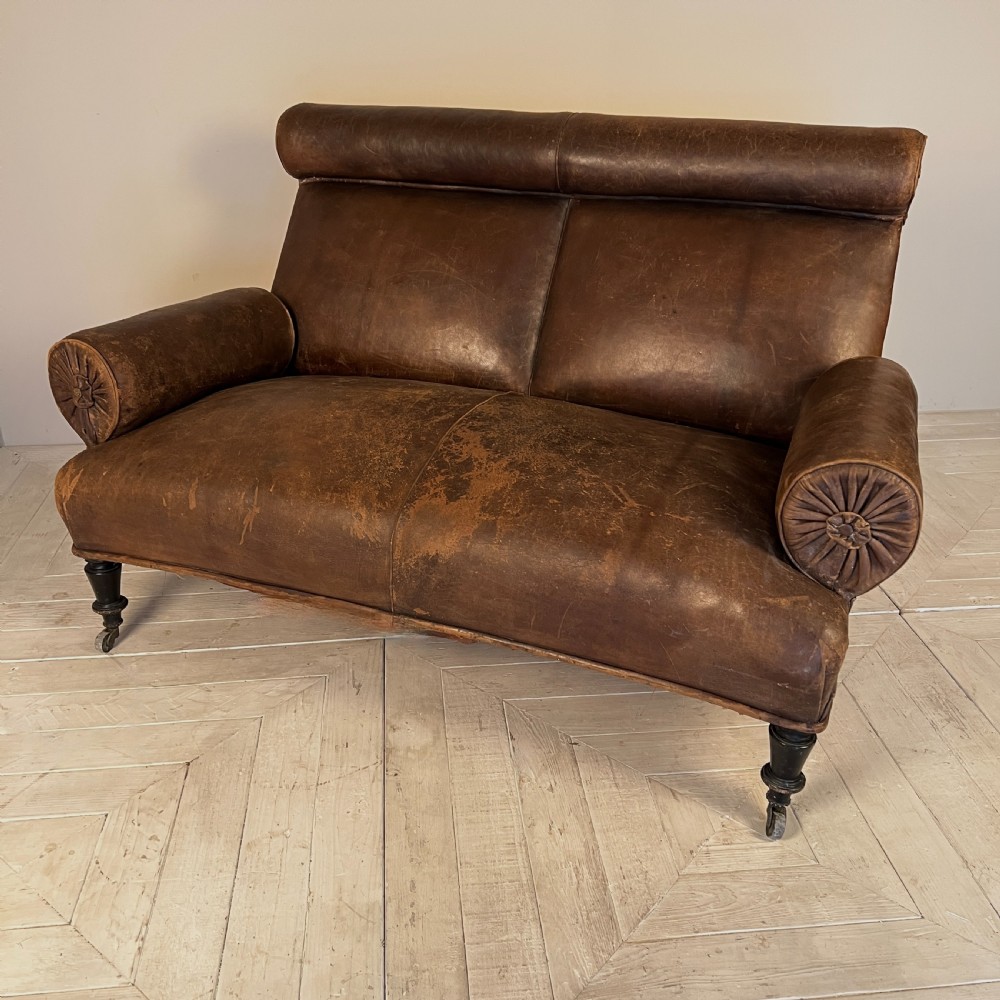 Antique C19th Leather Rake Back Two Seater Sofa View VI