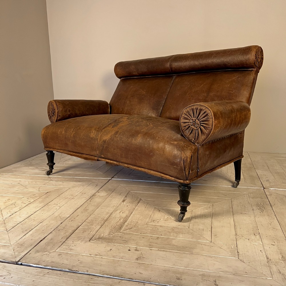 Antique C19th Leather Rake Back Two Seater Sofa View VII