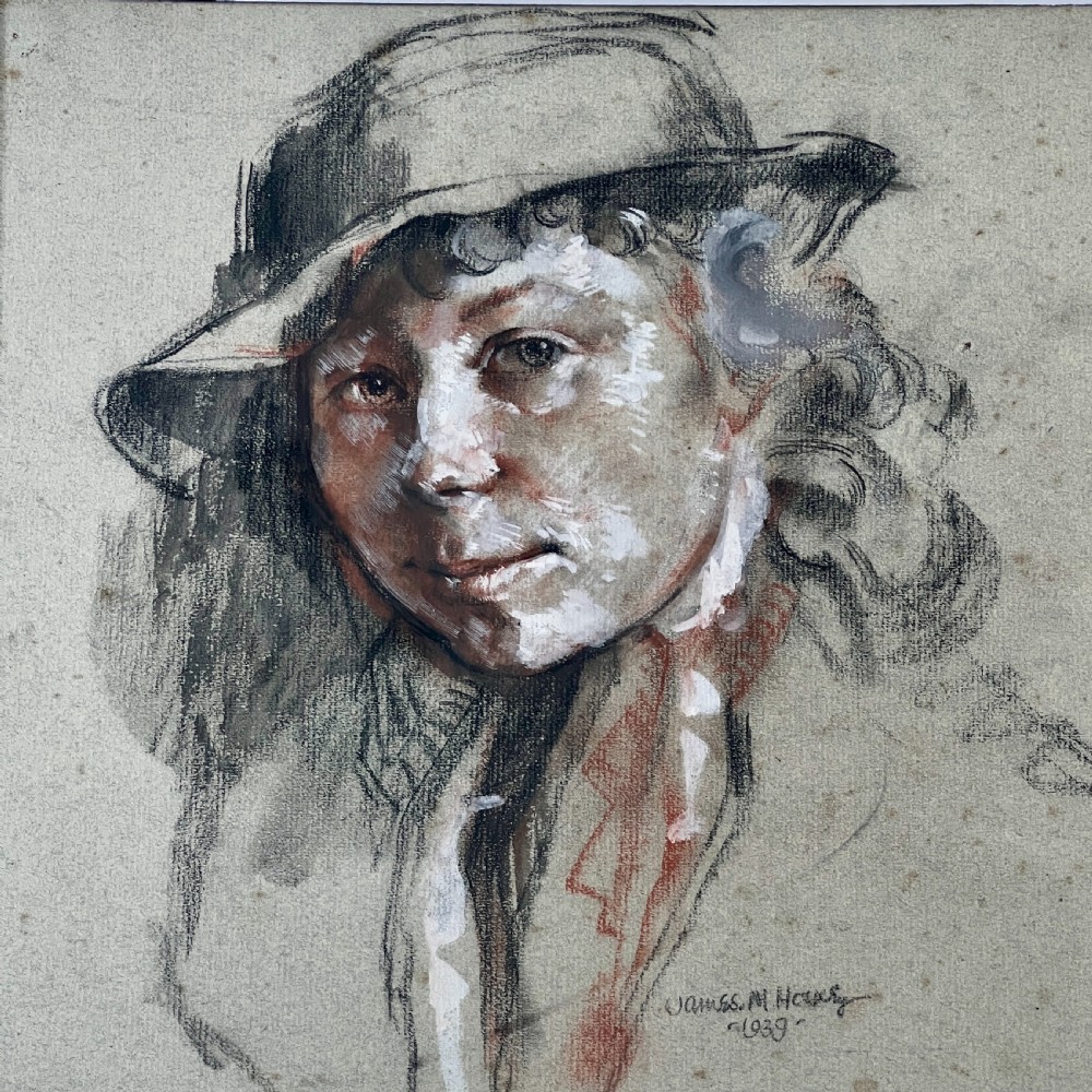 A framed original pastel drawing on grey paper depicting a figure in a hat, dated 1939, presented in a dark wood frame. View III