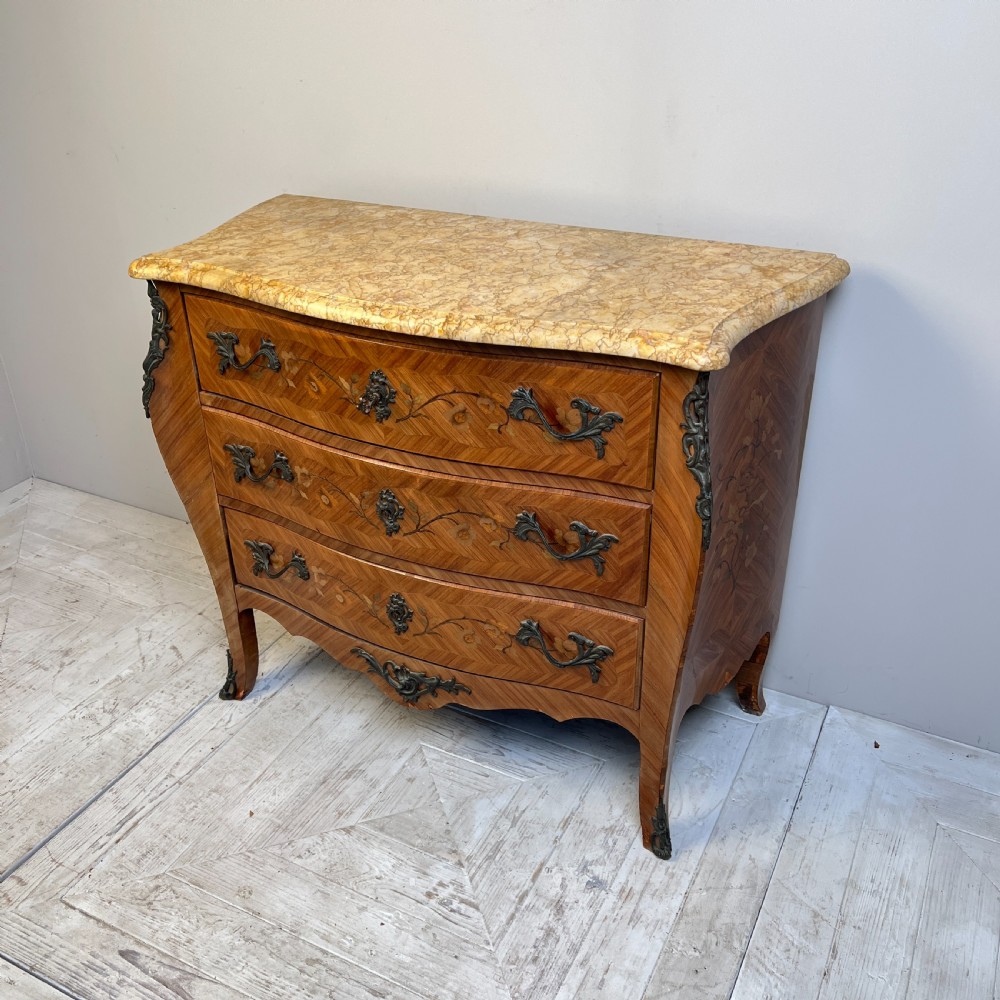 A Parisian Louis XV Style Marquetry And Sienna Marble Top Chest Of Drawers View II