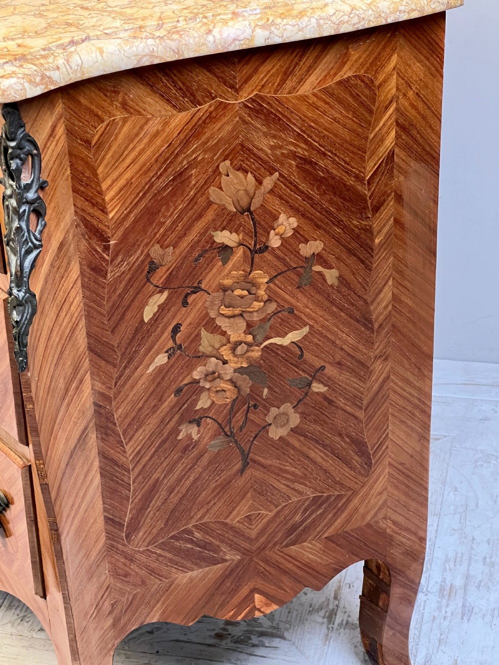 A Parisian Louis XV Style Marquetry And Sienna Marble Top Chest Of Drawers View IX