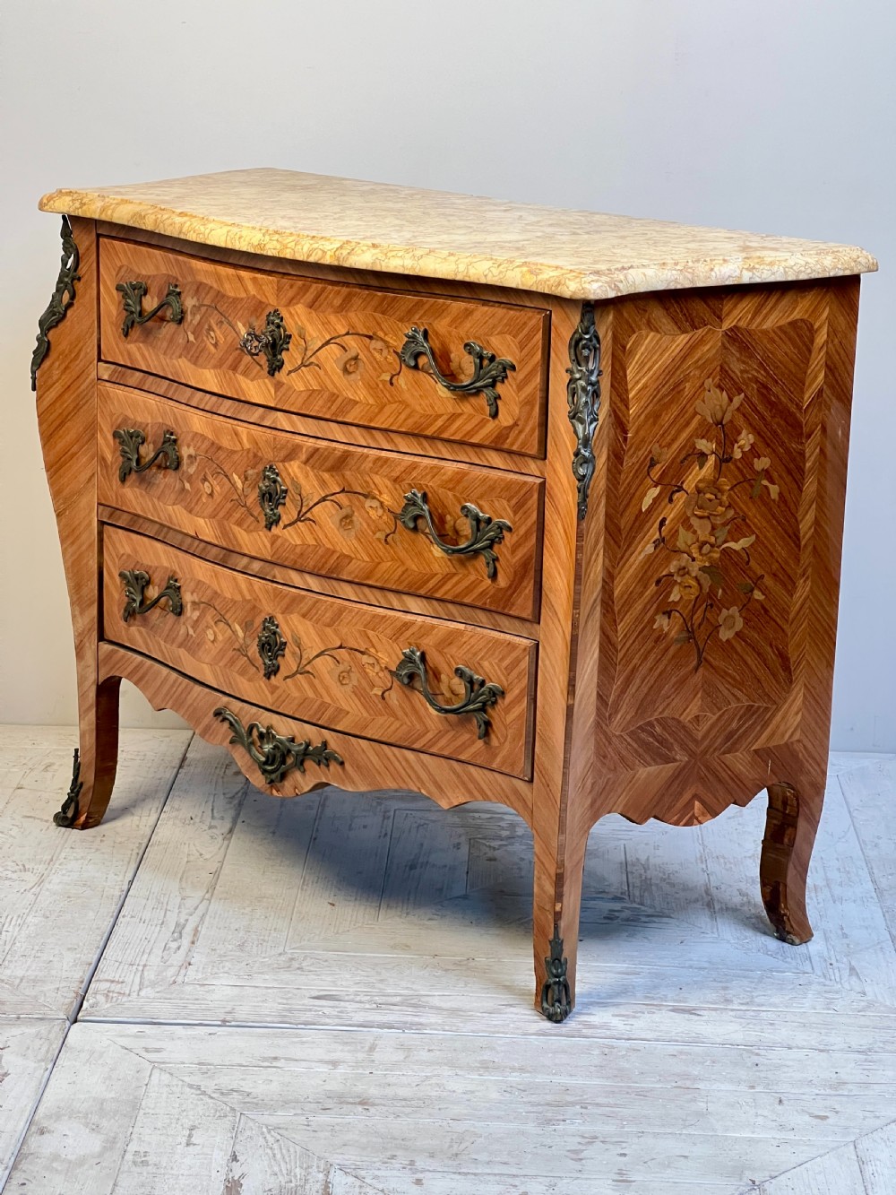 A Parisian Louis XV Style Marquetry And Sienna Marble Top Chest Of Drawers View X