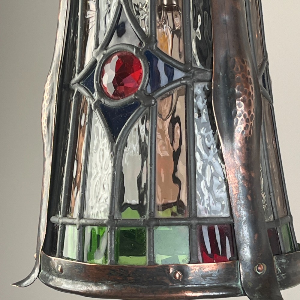 An Arts And Crafts Patinated Copper And Leaded Glass Hall Lantern View IV
