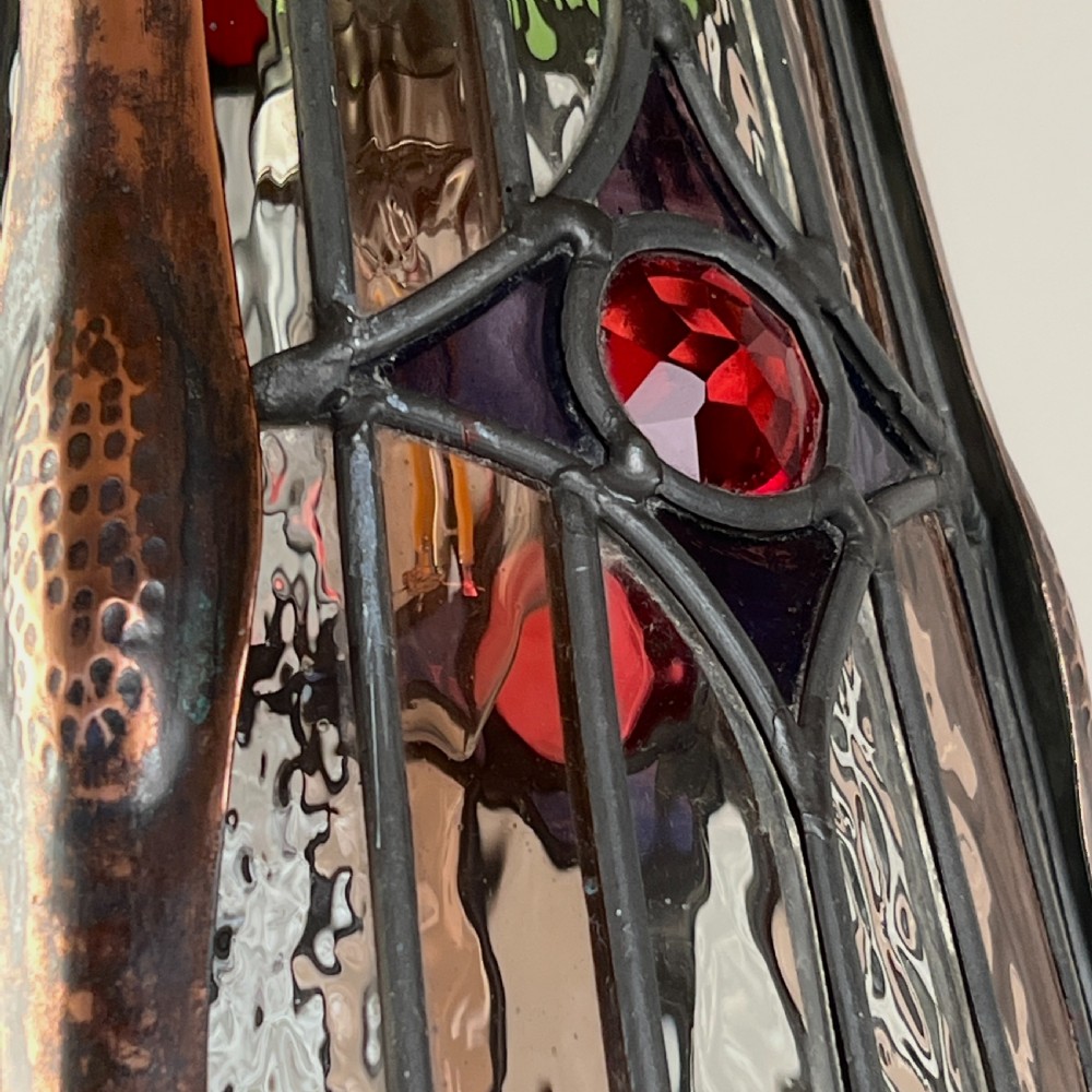 An Arts And Crafts Patinated Copper And Leaded Glass Hall Lantern View VI