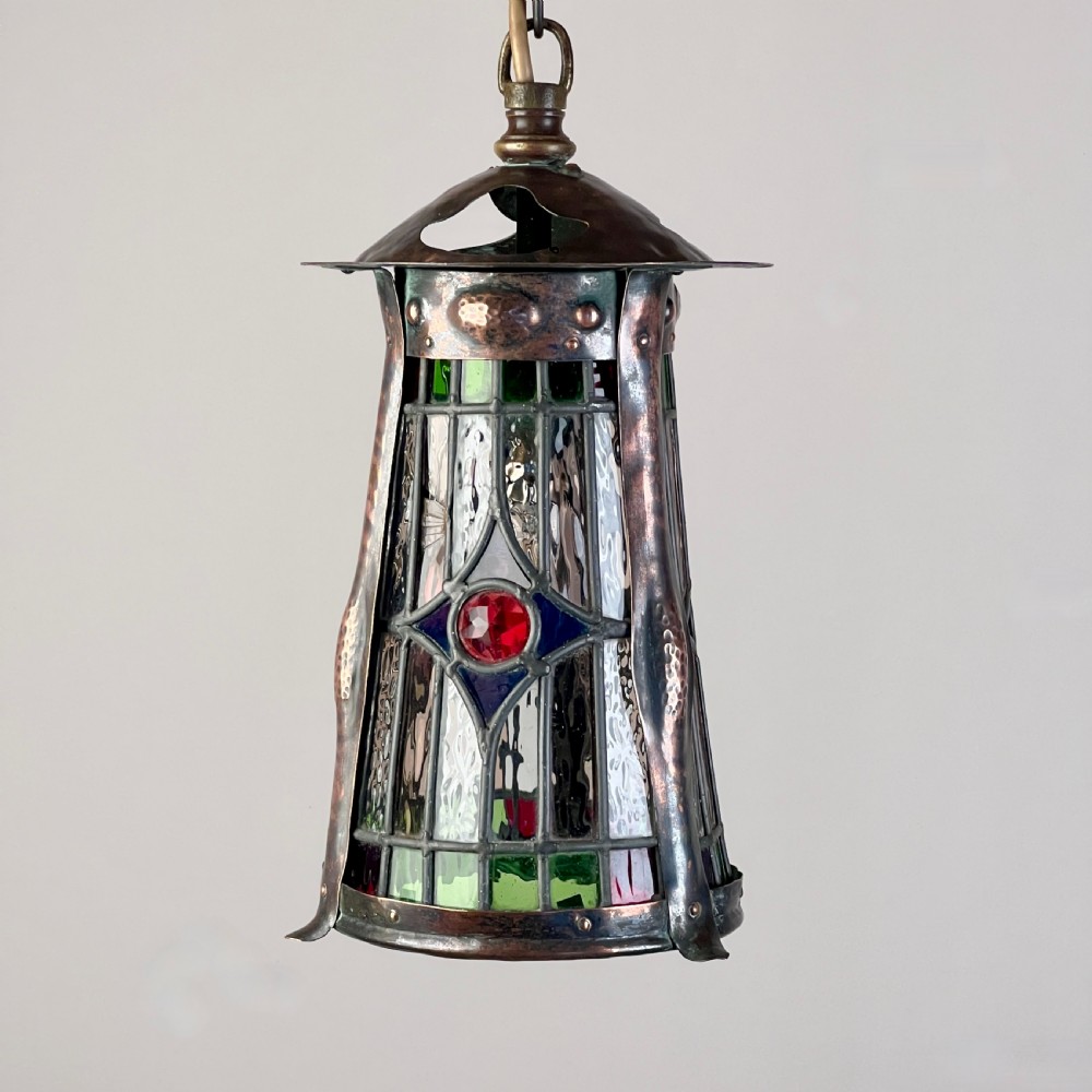An Arts And Crafts Patinated Copper And Leaded Glass Hall Lantern View VII