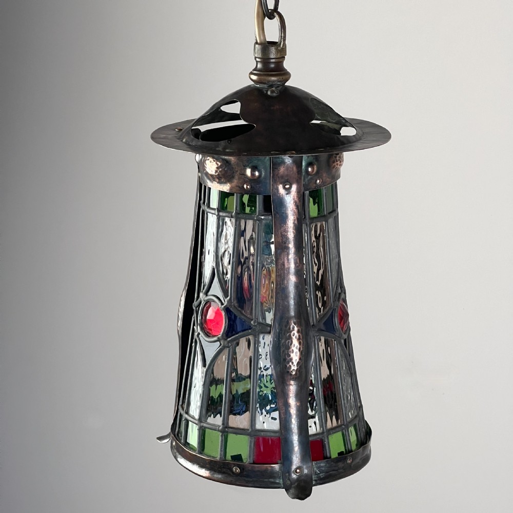 An Arts And Crafts Patinated Copper And Leaded Glass Hall Lantern View VIII