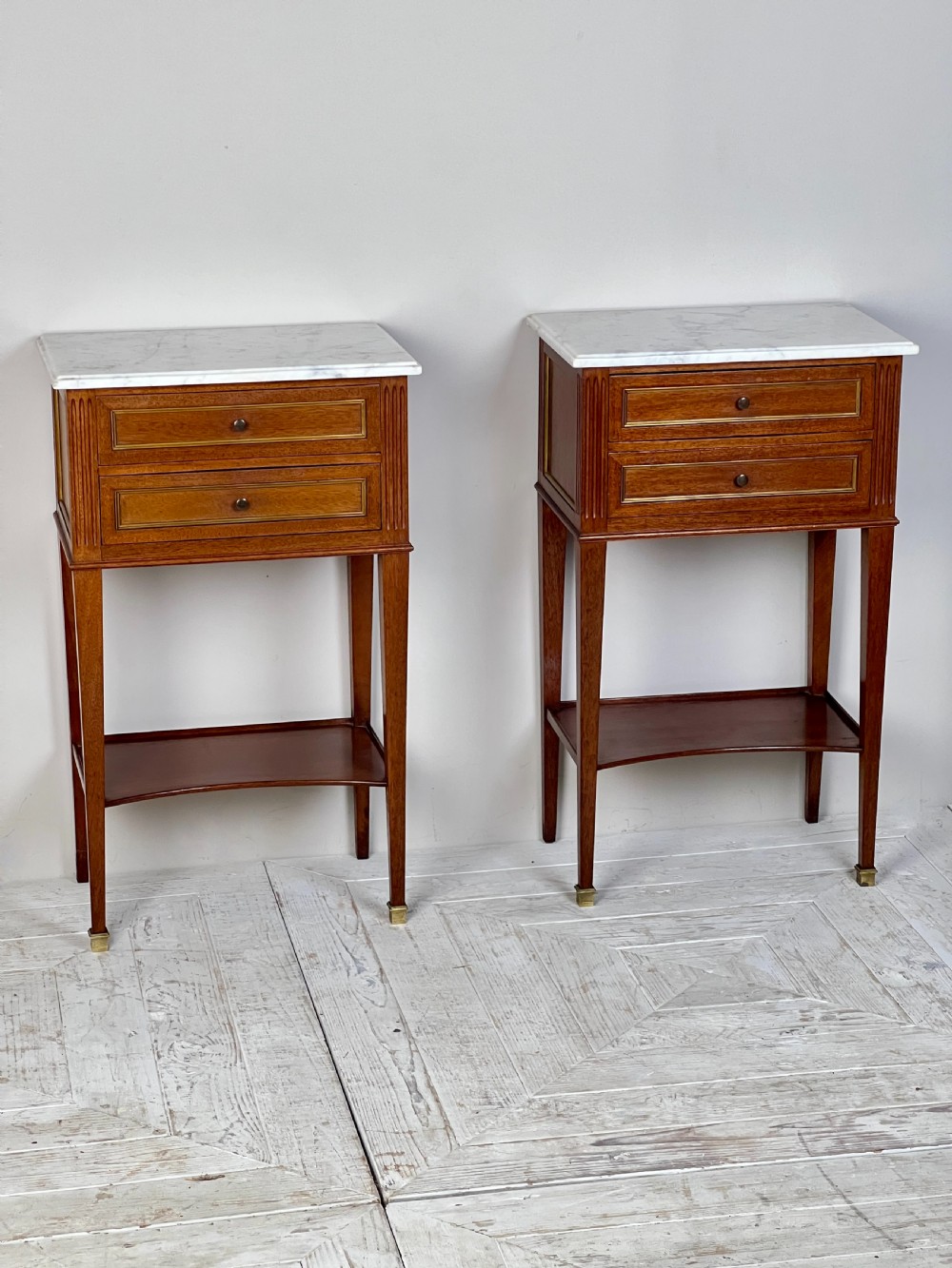 A Pair Of Mahogany And Brass Inlay Marble Topped Bedside Tables View IV