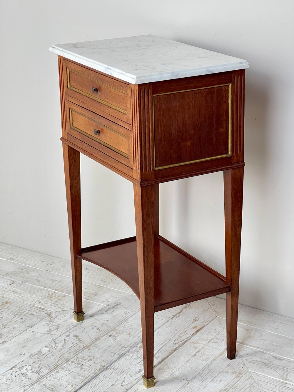 A Pair Of Mahogany And Brass Inlay Marble Topped Bedside Tables View IX