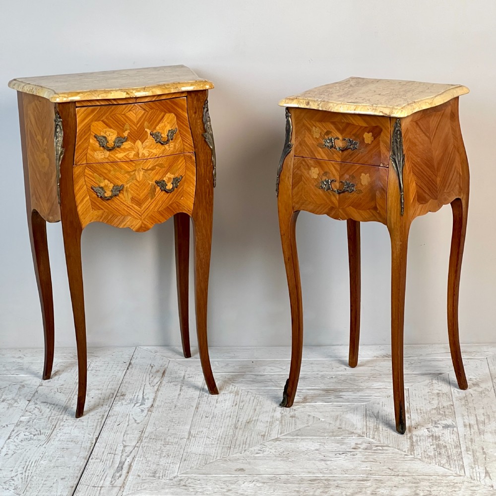 A Pair Of  ‘His And Her’ Sienna Marble And Marquetry Bedsides Tables