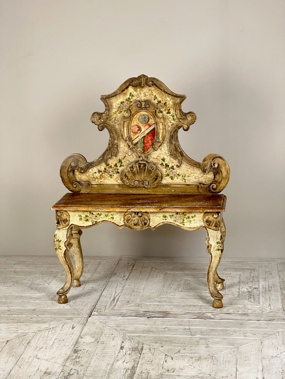 Antique Italian Baroque Polychrome Painted Seat Or Bench