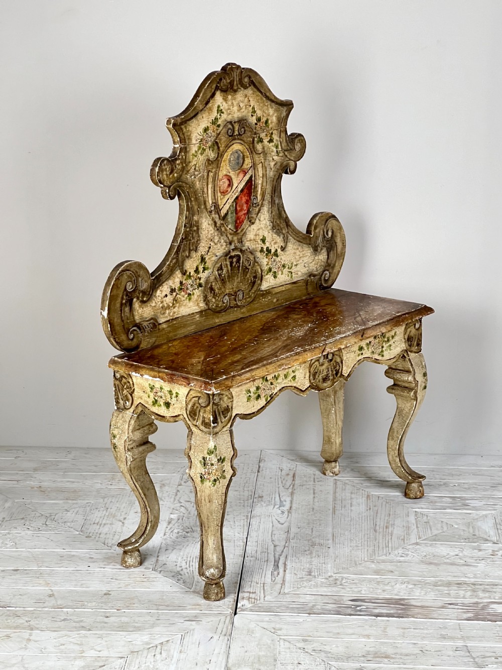 Antique Italian Baroque Polychrome Painted Seat Or Bench View VII