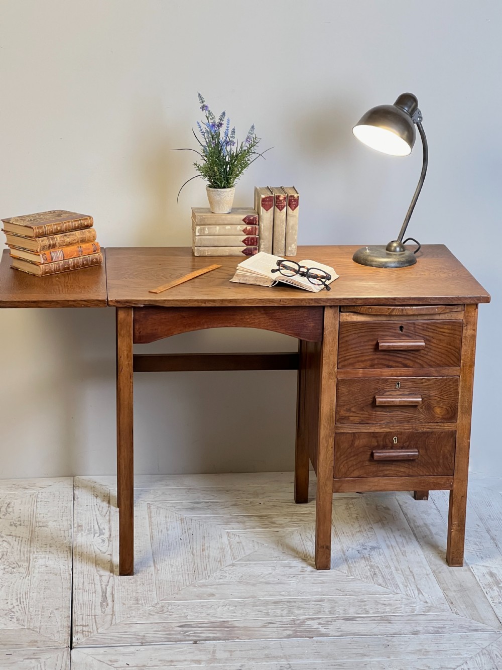 A Vintage English Oak Drop Leaf Desk View IX