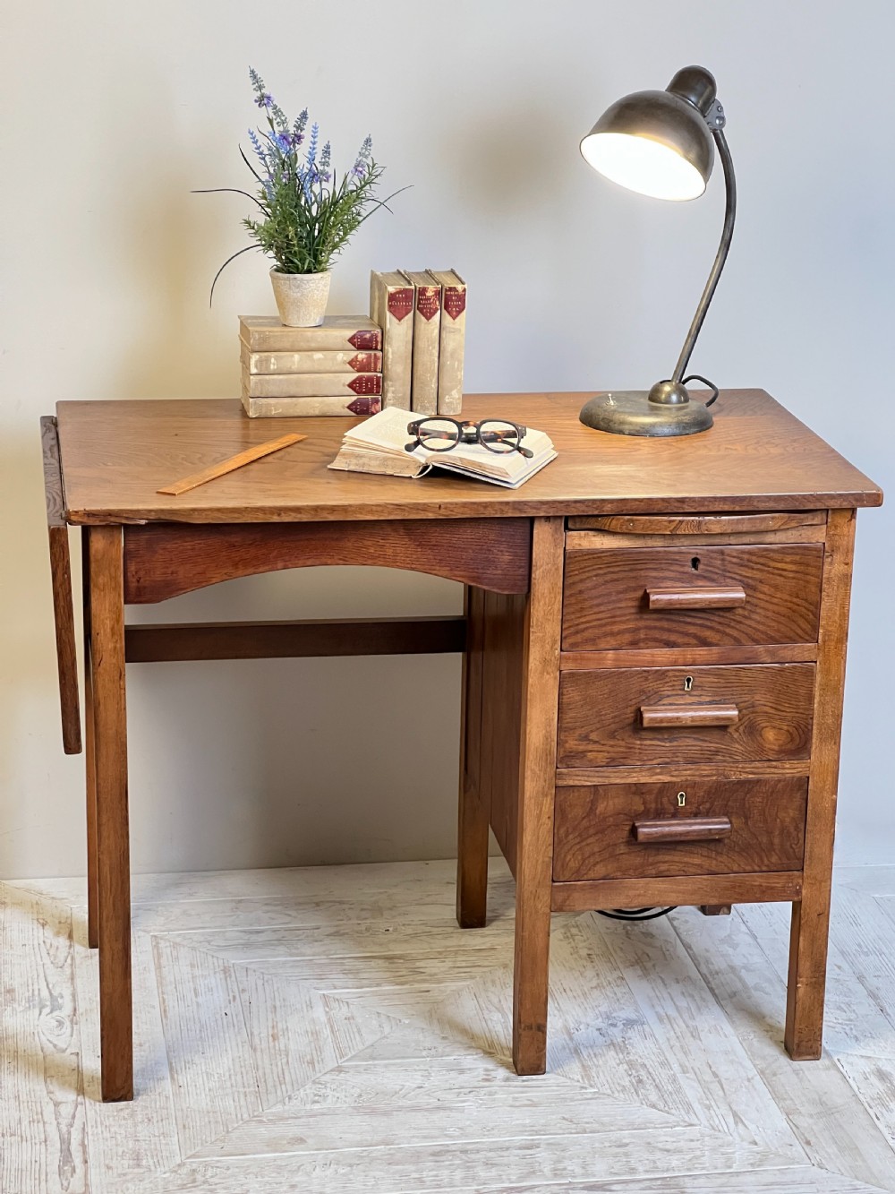 A Vintage English Oak Drop Leaf Desk View X
