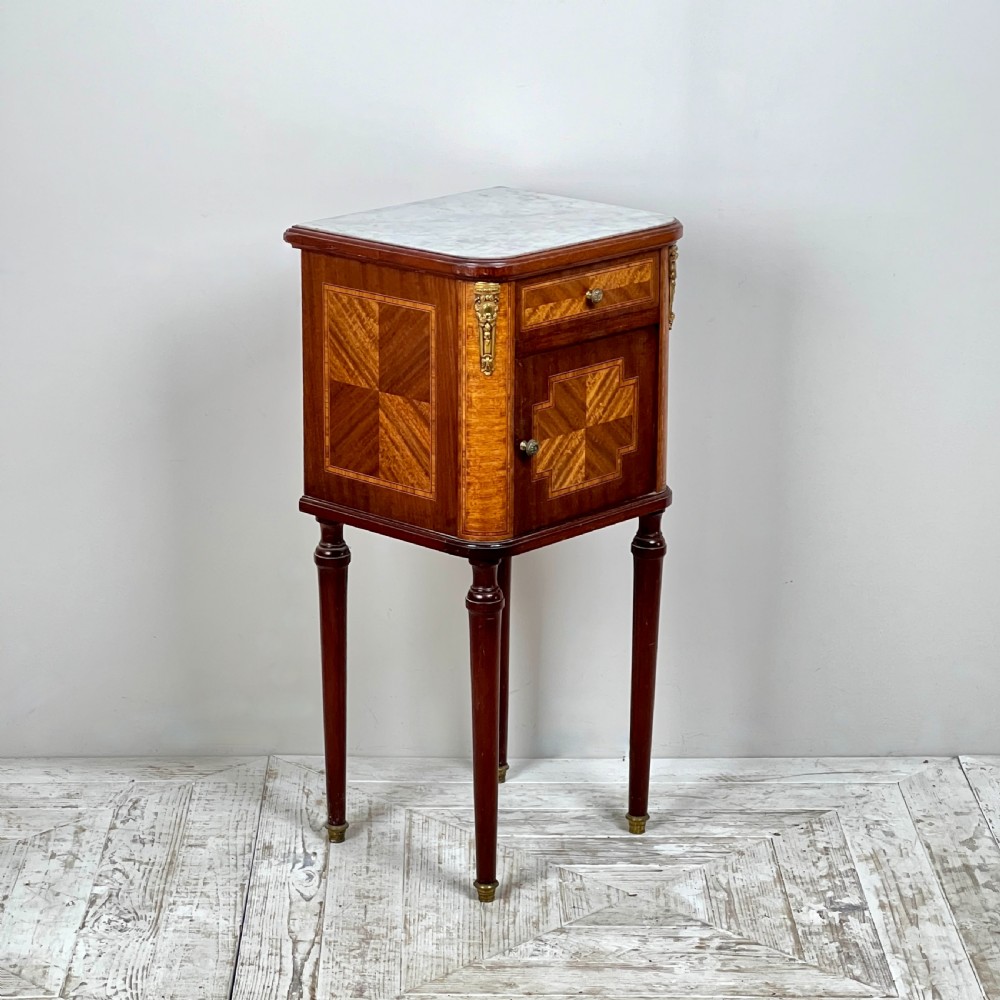 French Kingwood Parquetry Marble Topped Bedside Table