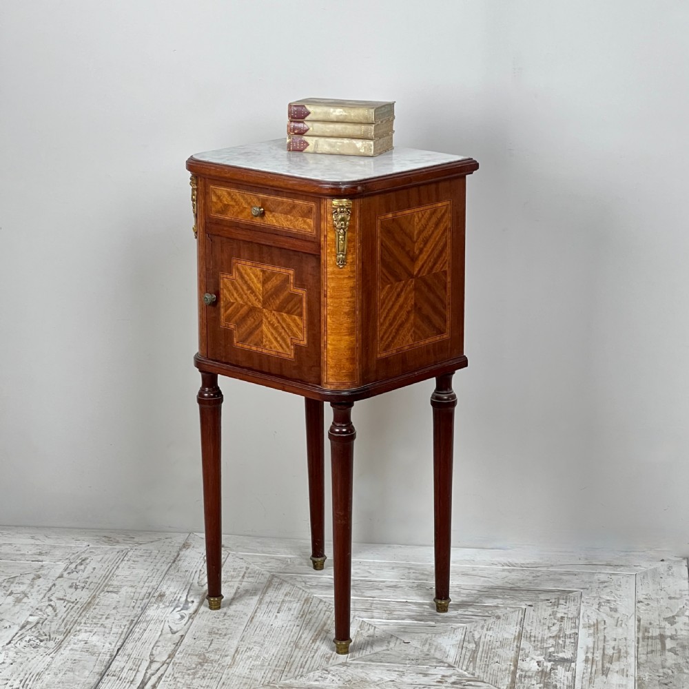 French Kingwood Parquetry Marble Topped Bedside Table View II