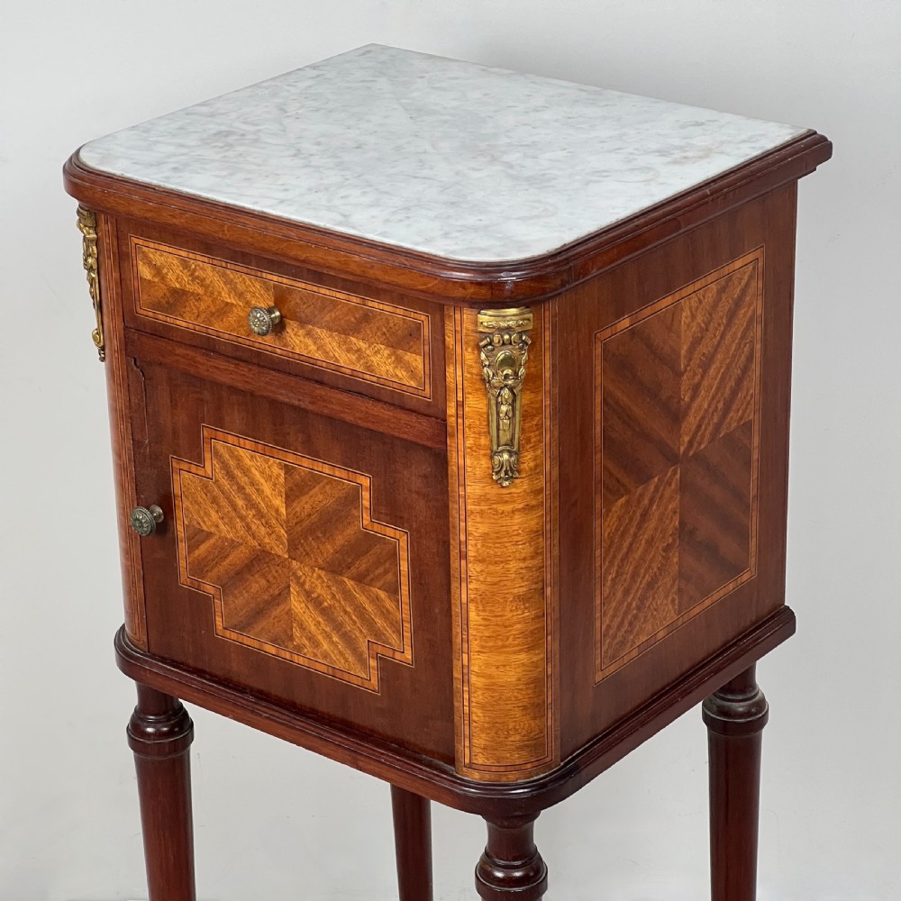 French Kingwood Parquetry Marble Topped Bedside Table View III