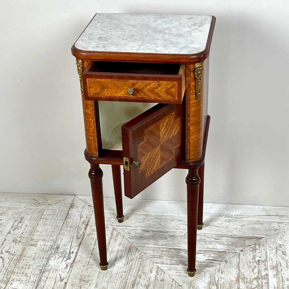 French Kingwood Parquetry Marble Topped Bedside Table View IV