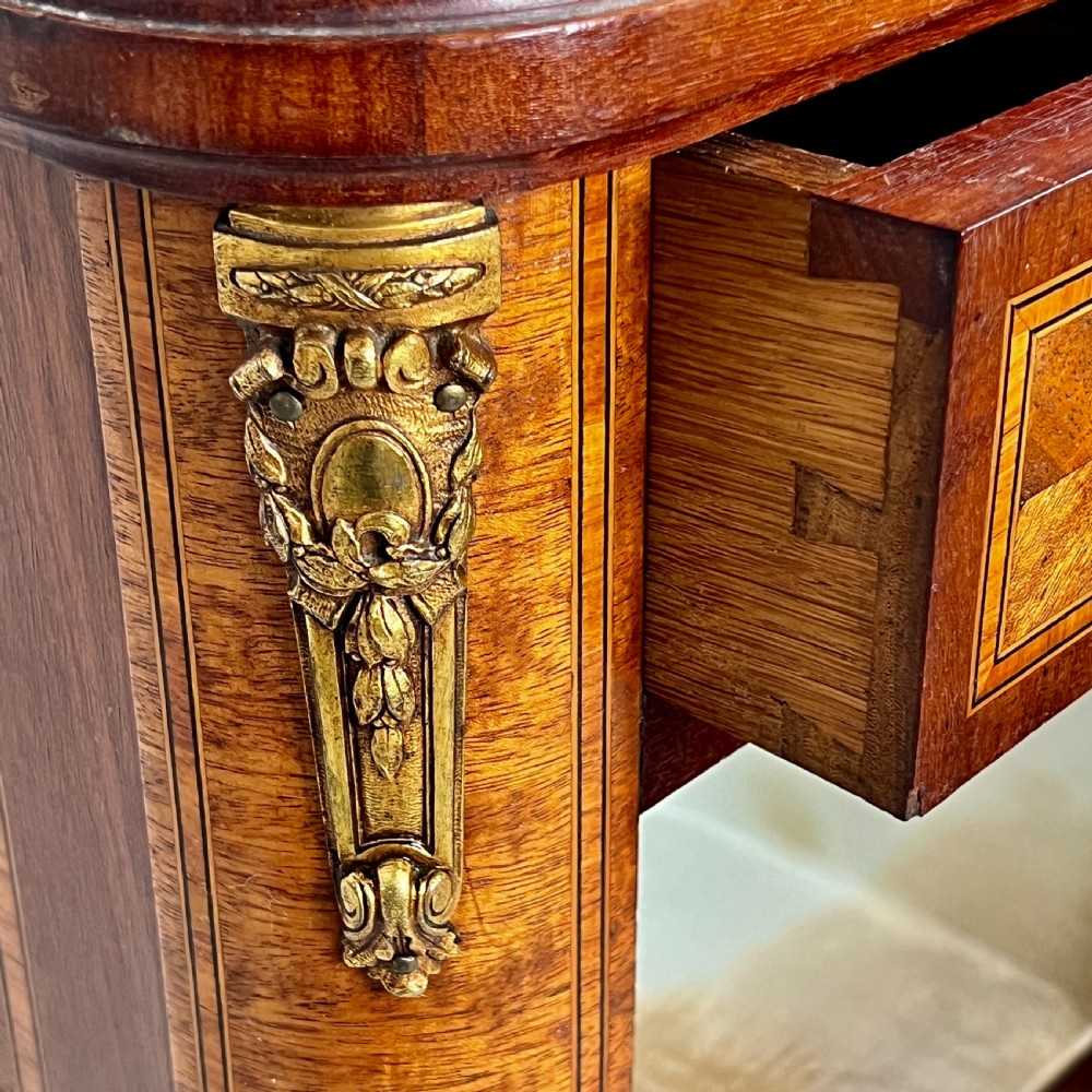 French Kingwood Parquetry Marble Topped Bedside Table View V
