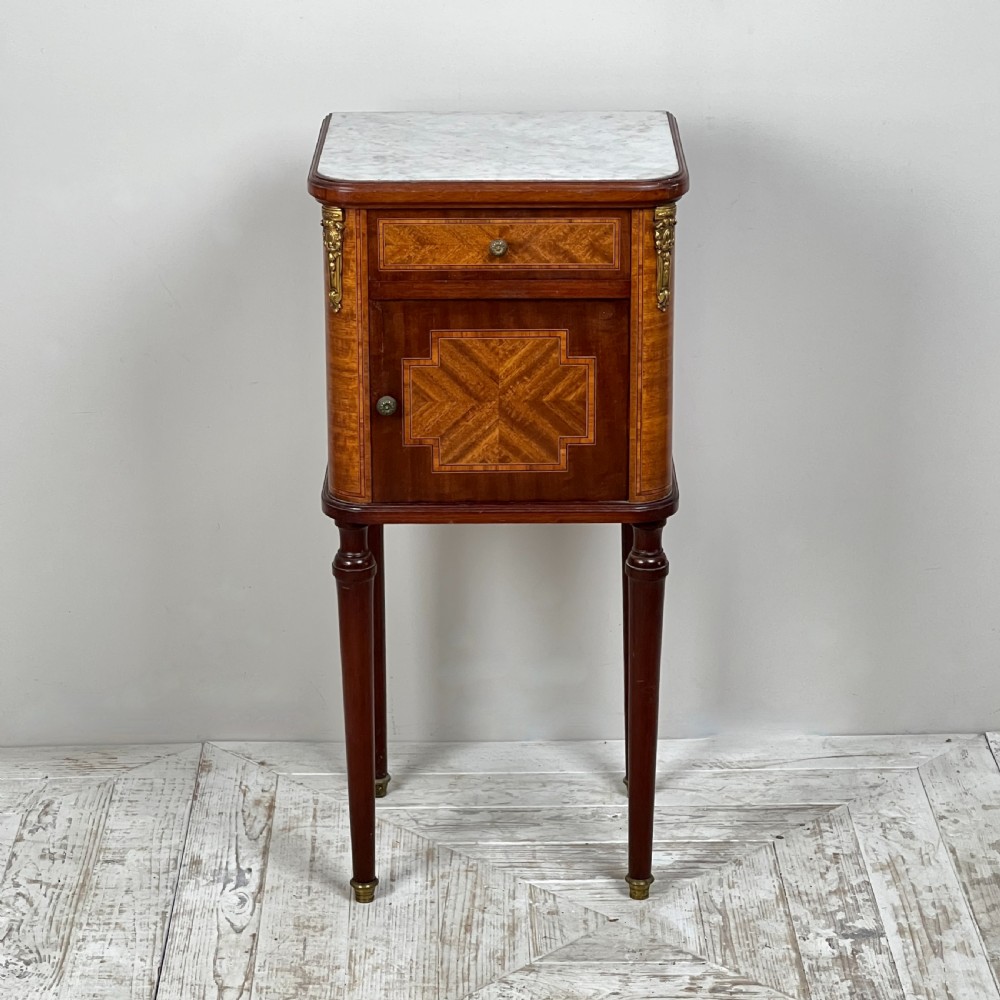 French Kingwood Parquetry Marble Topped Bedside Table View VI