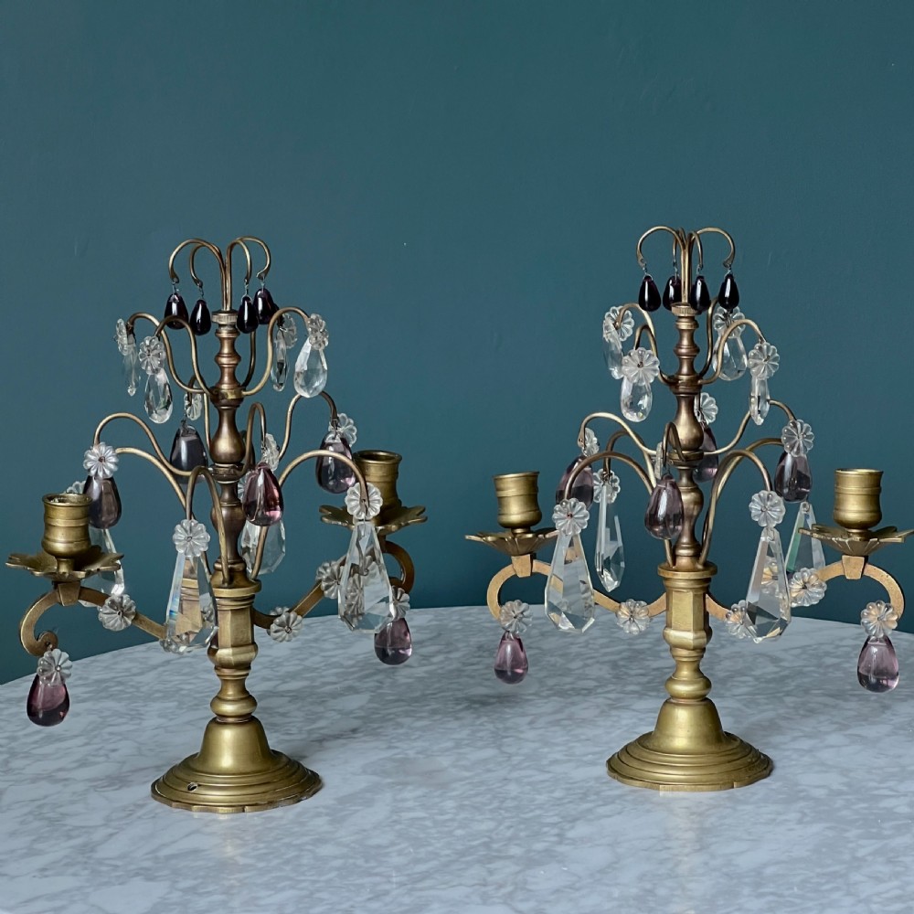 Pair Of Antique Brass And Cut Glass Candelabra