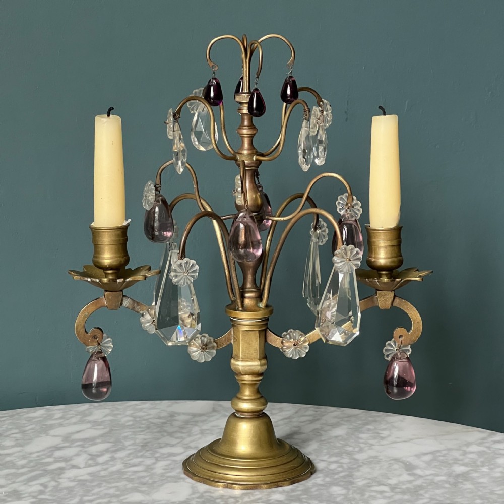 Pair Of Antique Brass And Cut Glass Candelabra View II