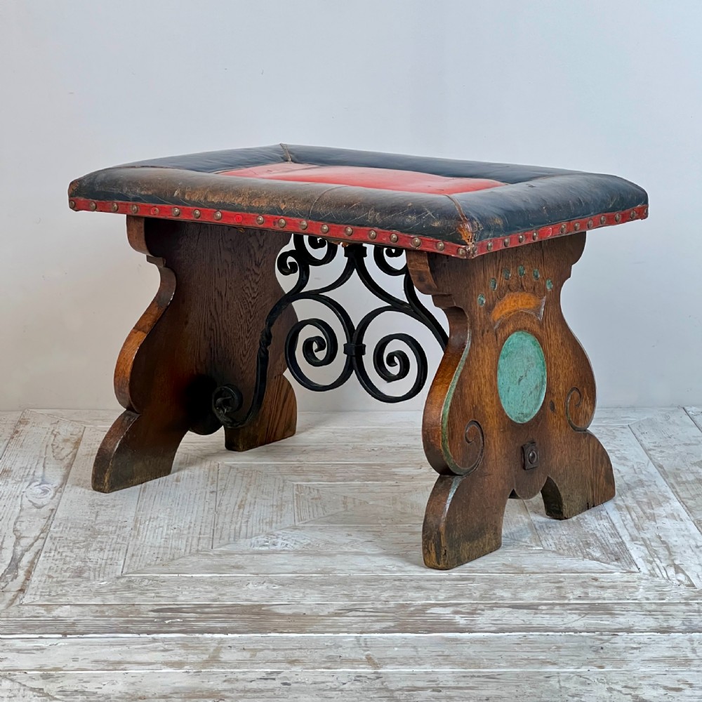 An Arts & Crafts Oak And Leather Stool