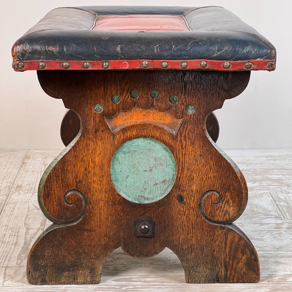An Arts & Crafts Oak And Leather Stool View III