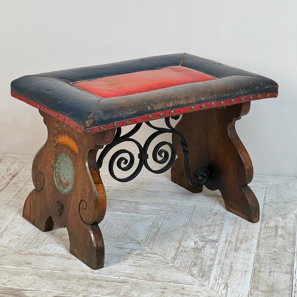 An Arts & Crafts Oak And Leather Stool View V