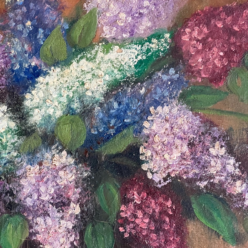 A textured impasto oil painting on canvas depicting a arrangement of purple, pink, and white lilacs in a brown vase. View II