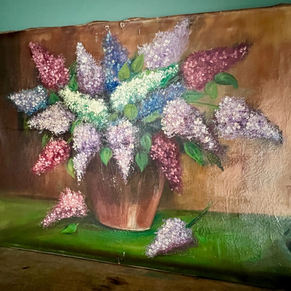 A textured impasto oil painting on canvas depicting a arrangement of purple, pink, and white lilacs in a brown vase. View IV