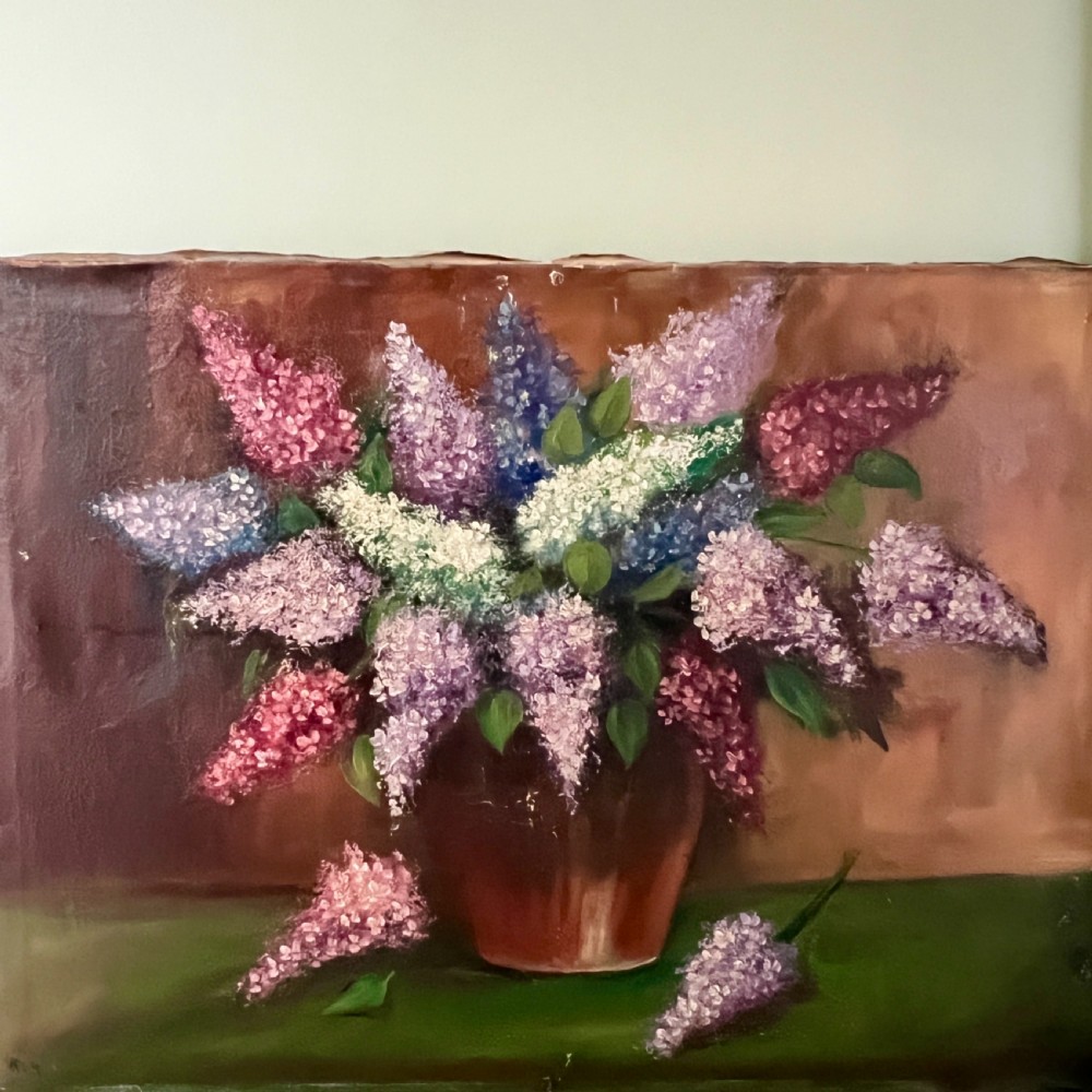 A textured impasto oil painting on canvas depicting a arrangement of purple, pink, and white lilacs in a brown vase. View VI