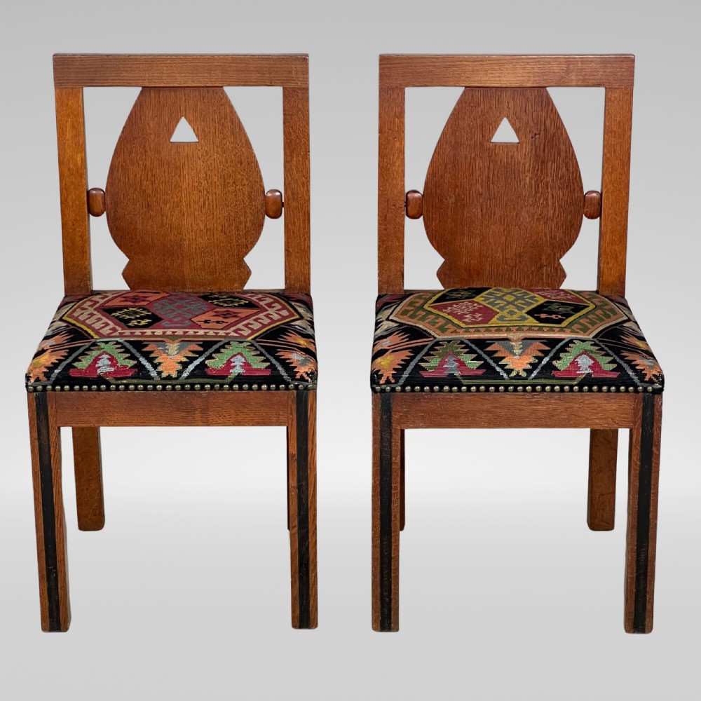 A Set Of Six Oak Art Deco And Kilim Dining Chairs View III