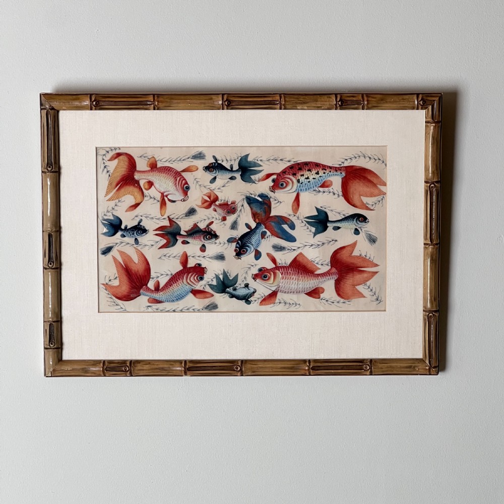 A late 19th-century Chinese gouache painting on pith paper depicting red and blue goldfish swimming among aquatic foliage, presented in a bamboo-style frame with a light mount. View VII
