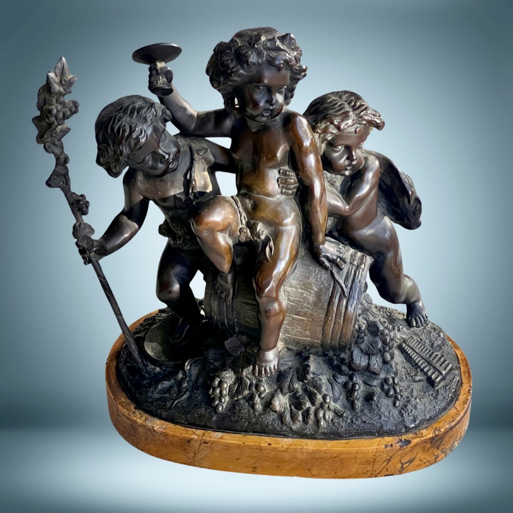 French Antique Bronze Sculpture Group Three Bacchanalia Putti View II