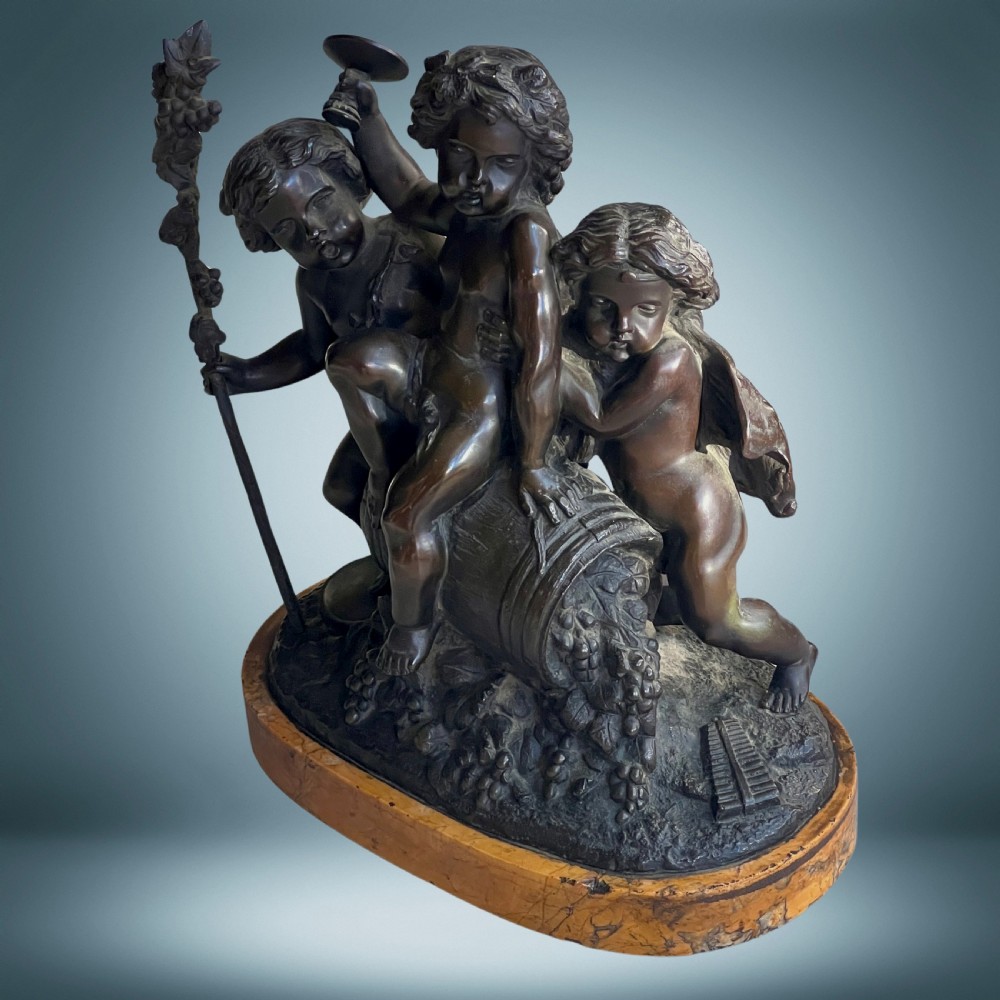 French Antique Bronze Sculpture Group Three Bacchanalia Putti View III