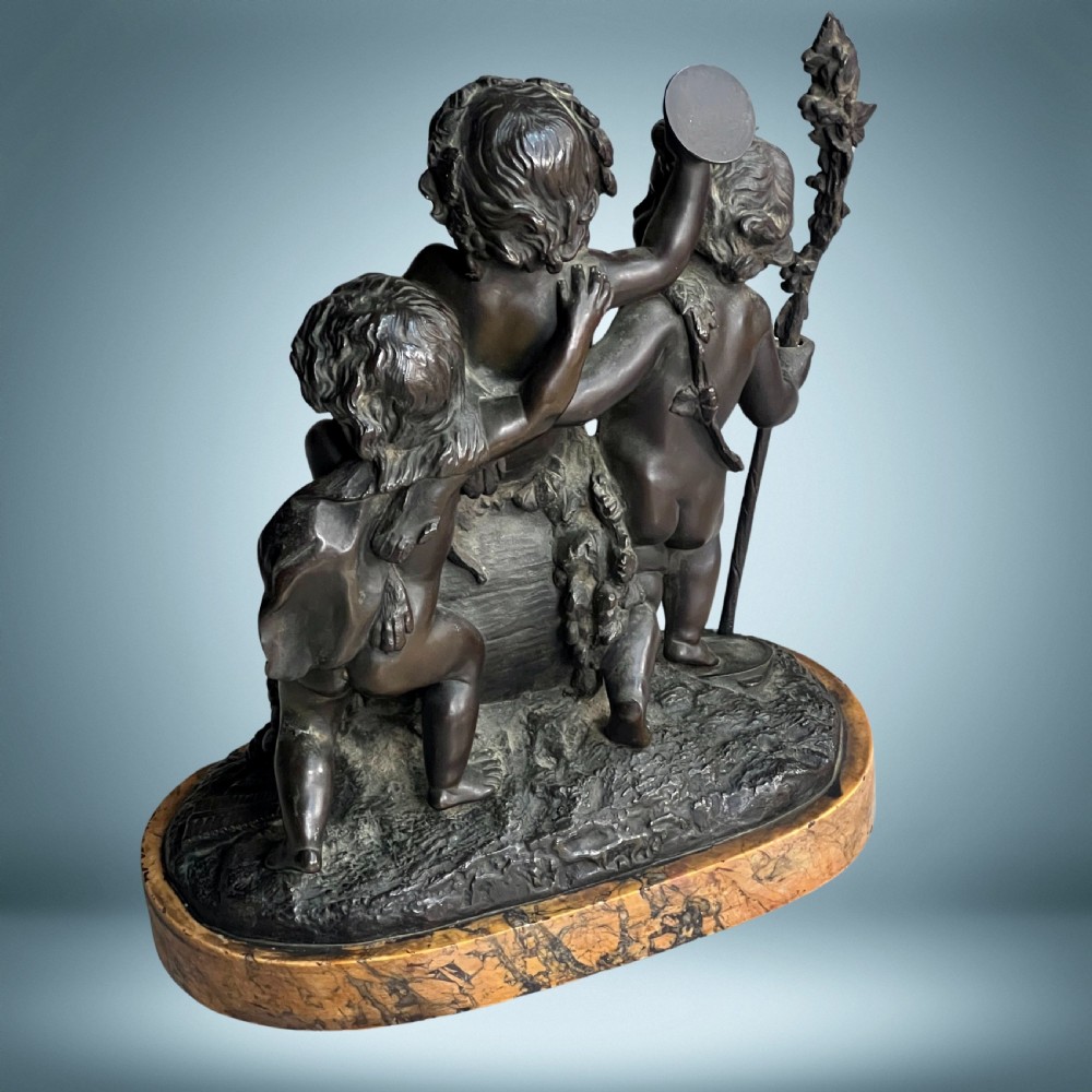 French Antique Bronze Sculpture Group Three Bacchanalia Putti View IV