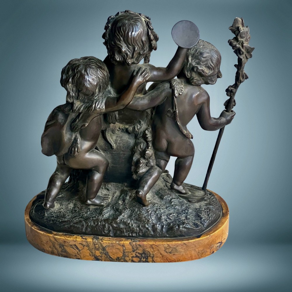 French Antique Bronze Sculpture Group Three Bacchanalia Putti View V