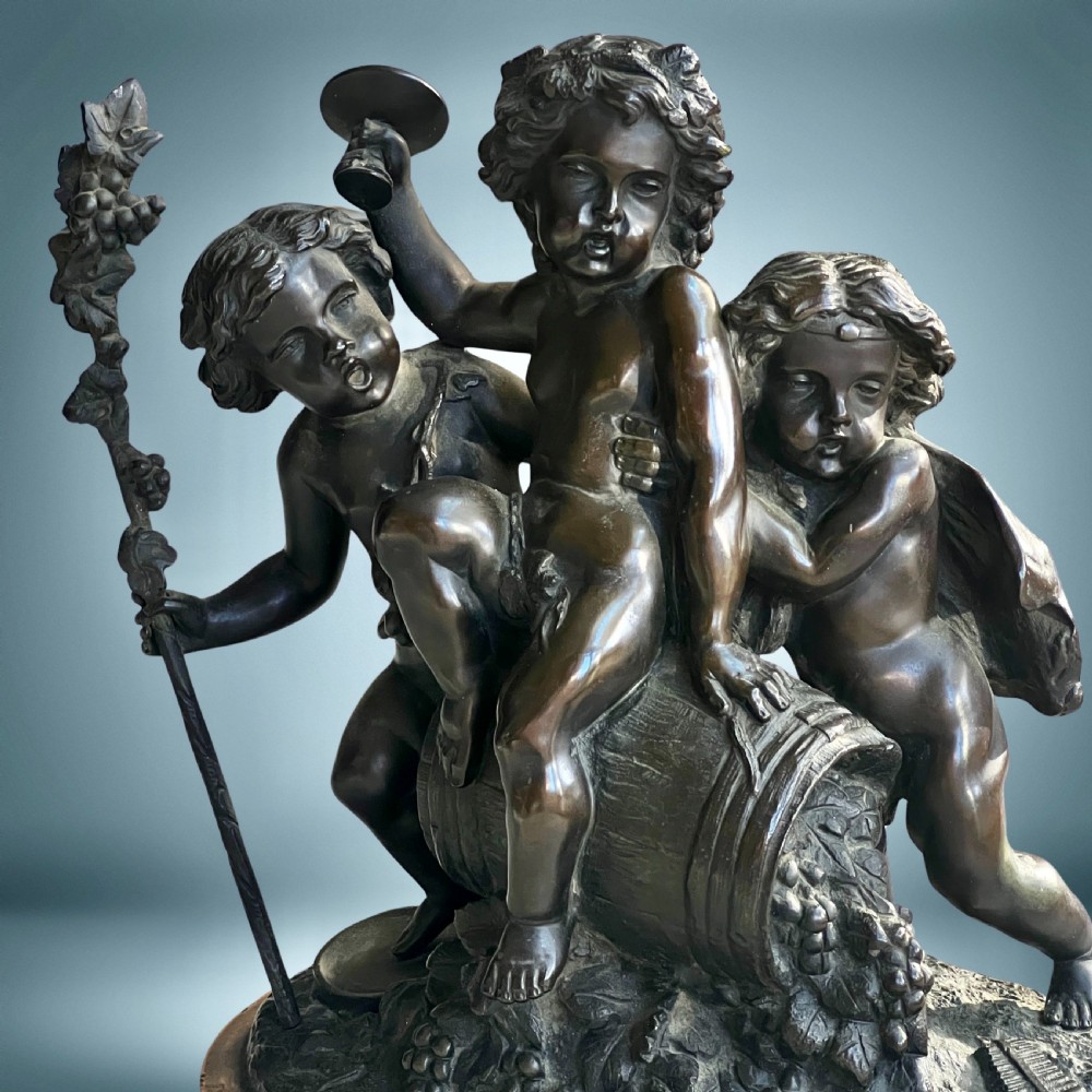 French Antique Bronze Sculpture Group Three Bacchanalia Putti View VI
