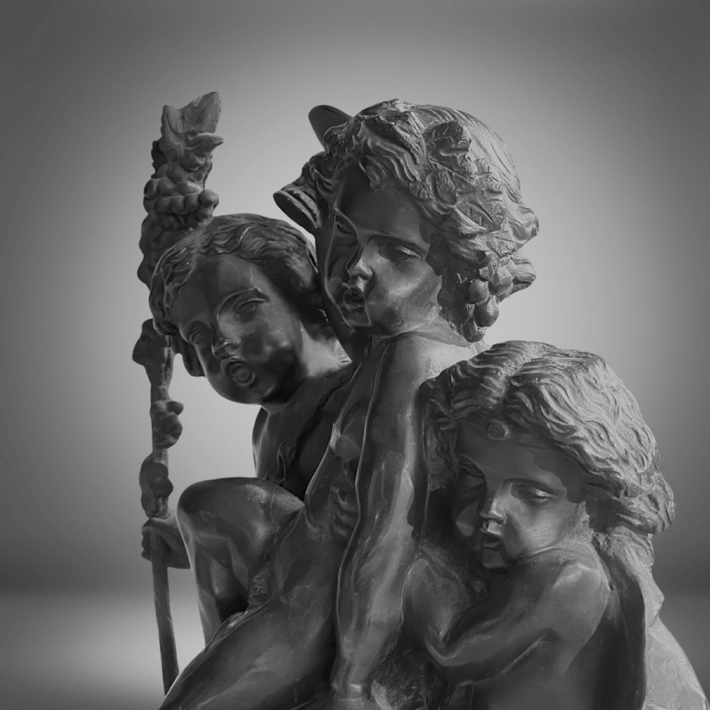 French Antique Bronze Sculpture Group Three Bacchanalia Putti View VII