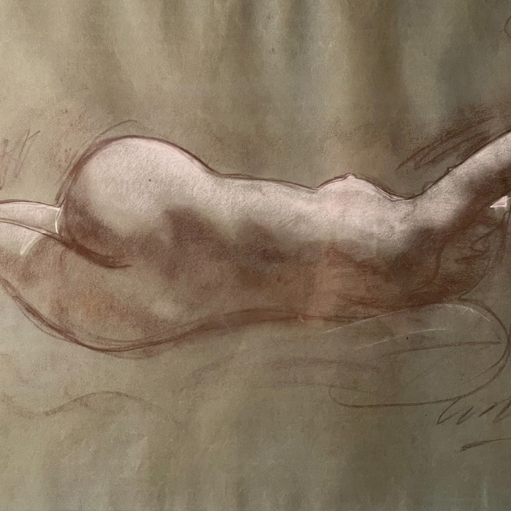 A framed charcoal and chalk life study drawing depicting a reclining female nude figure on toned paper. View V
