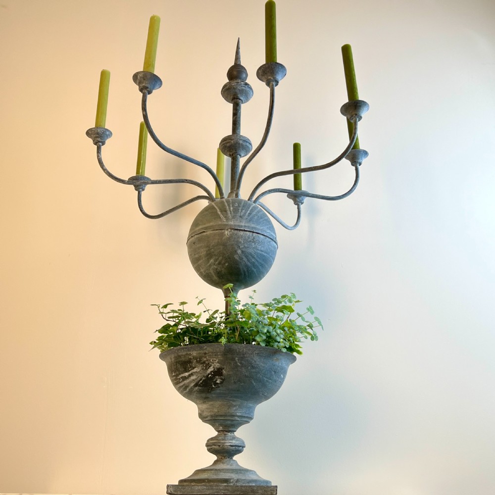 Large Vintage Belgium Zinc Candelabra Planter  View X