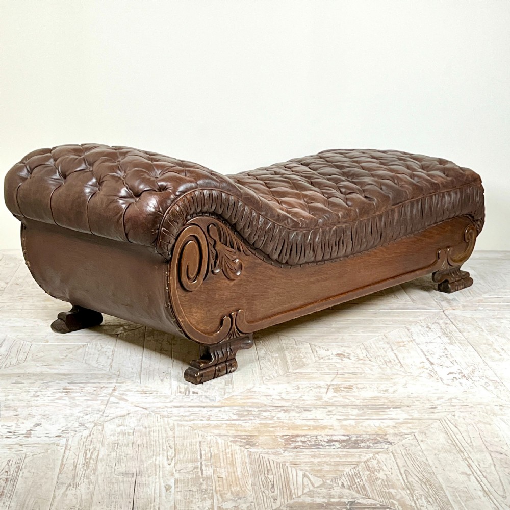 Large French C19th Antique Tufted Brown Leather Chaise Longue