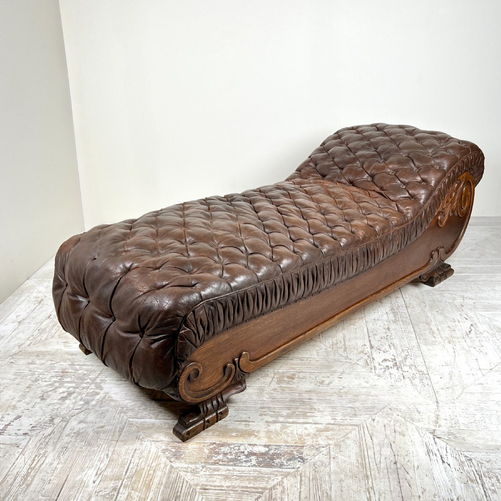 Large French C19th Antique Tufted Brown Leather Chaise Longue View II
