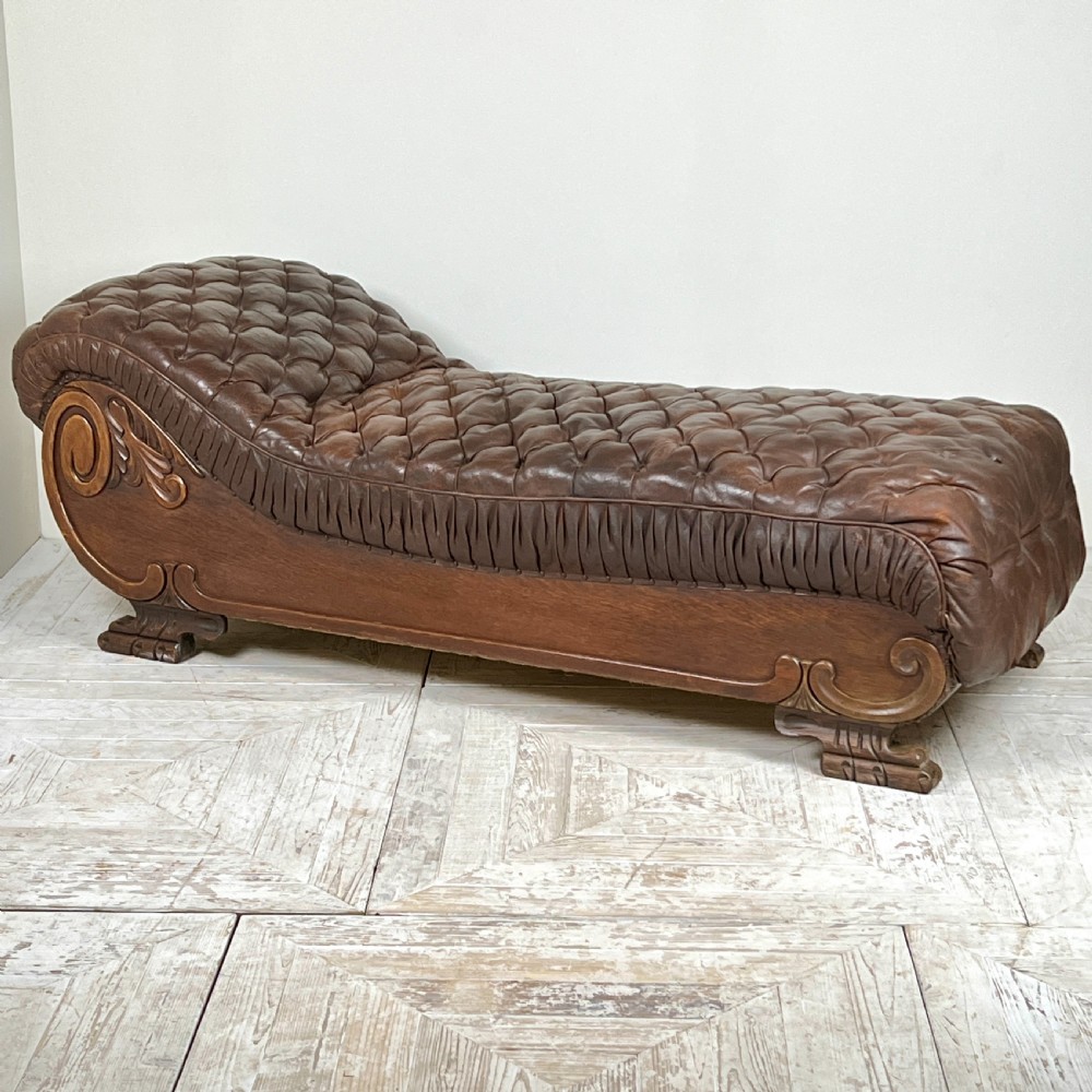 Large French C19th Antique Tufted Brown Leather Chaise Longue View III