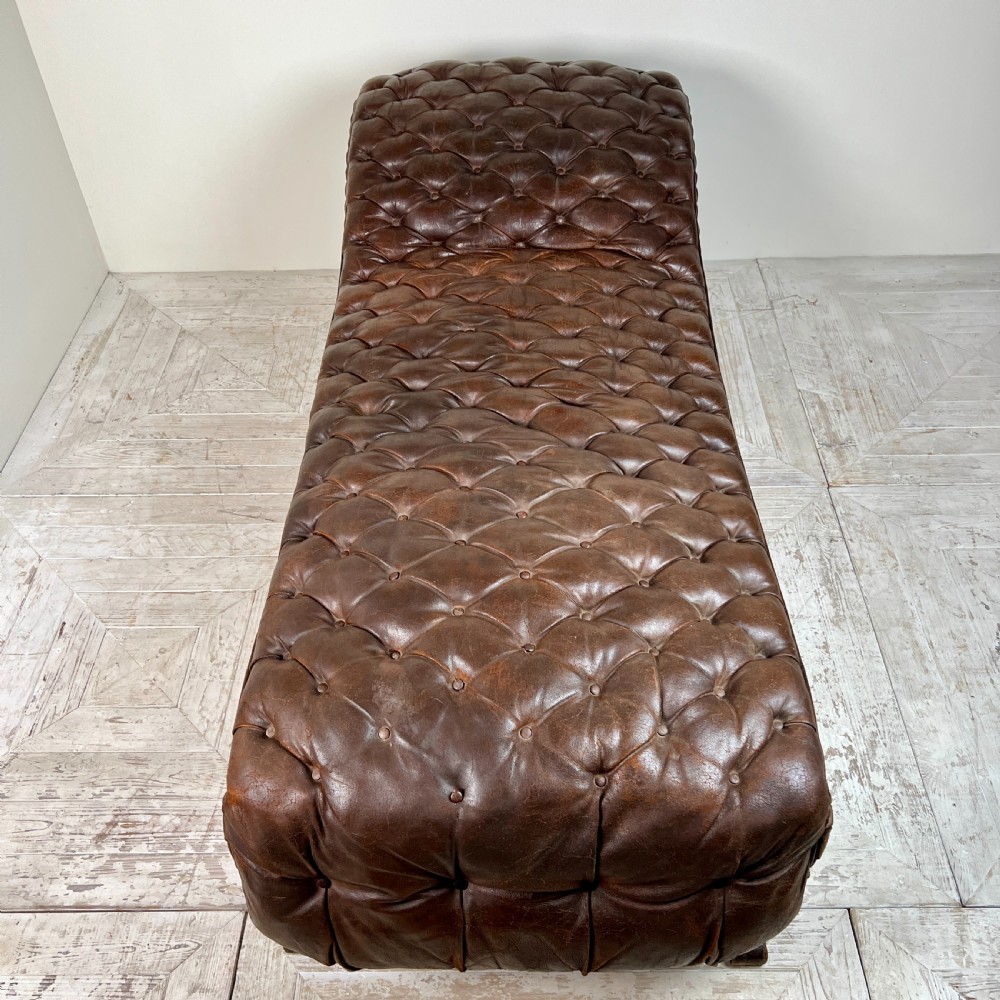 Large French C19th Antique Tufted Brown Leather Chaise Longue View V