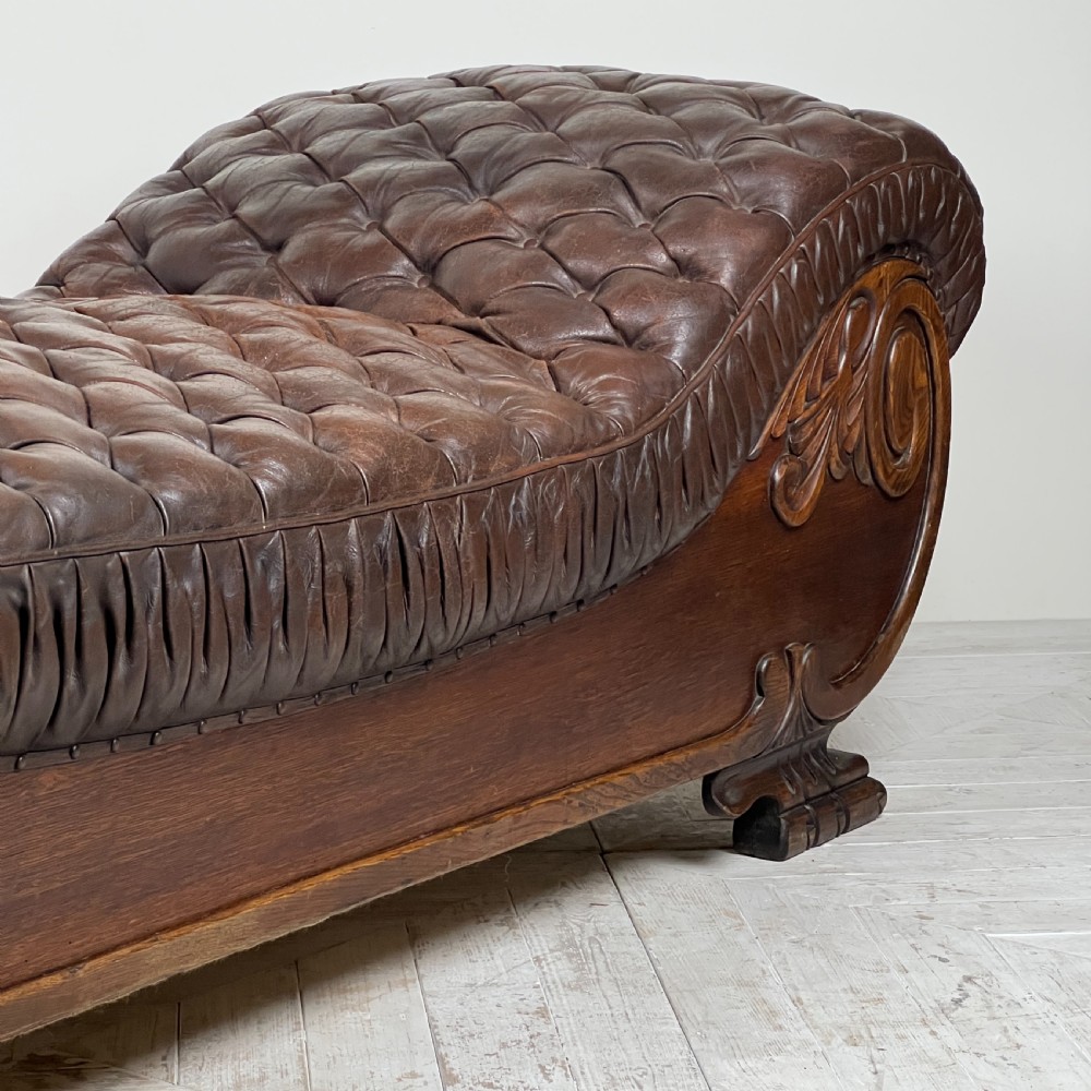 Large French C19th Antique Tufted Brown Leather Chaise Longue View VI